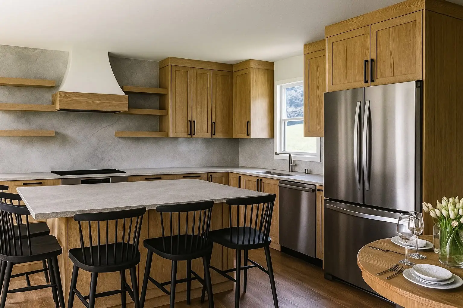 Completed warm oak custom kitchen with island and stone surfaces by LeVika Furniture
