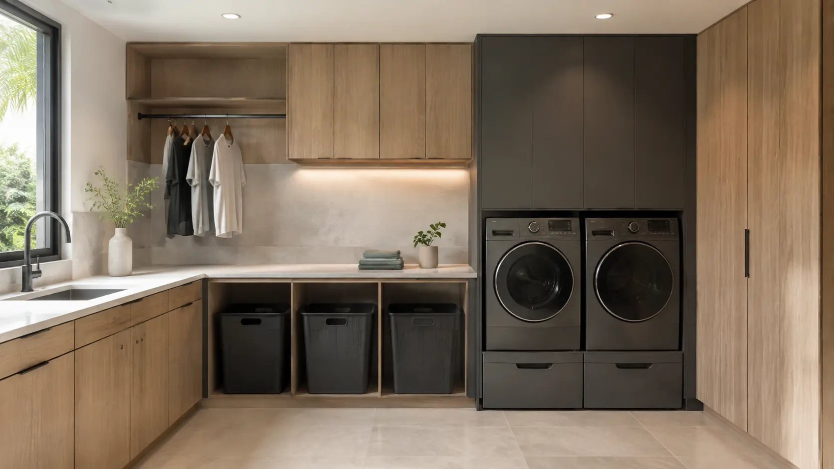Custom laundry room design study with oak and charcoal cabinetry, folding counter and integrated appliances
